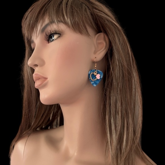 Hand Crafted Earrings Repurposed Guitar PicksI Double Heart You Pale Pink Hearts - Picture 5 of 8